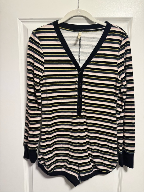 Free People Pants - Free People Black, Pink & Cream Striped Henley Shorts Romper